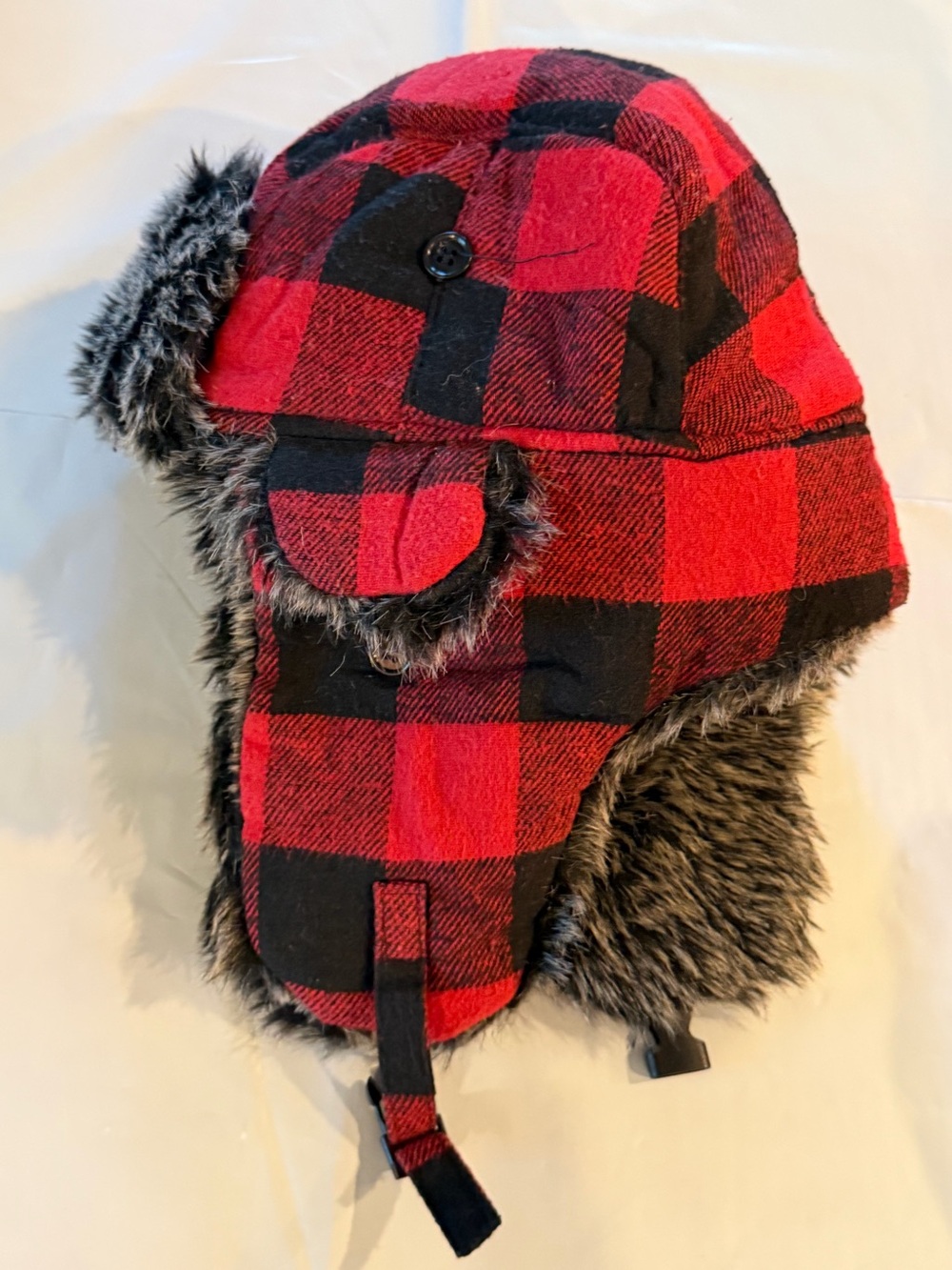 Red Black Checkered Plaid HAT Faux Fur Lining Bomber Cap Dog Ear winter TRAPPER